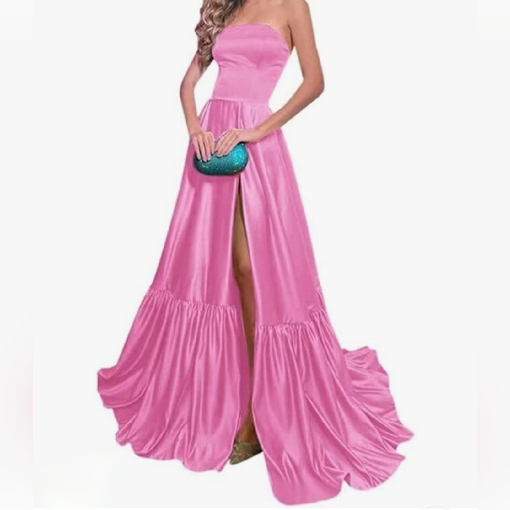 Formal Prom Evening Pink Satin Strapless Slit Ruched Dress